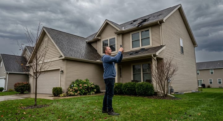 Homeowner taking photos of roof damage from the yard after a storm