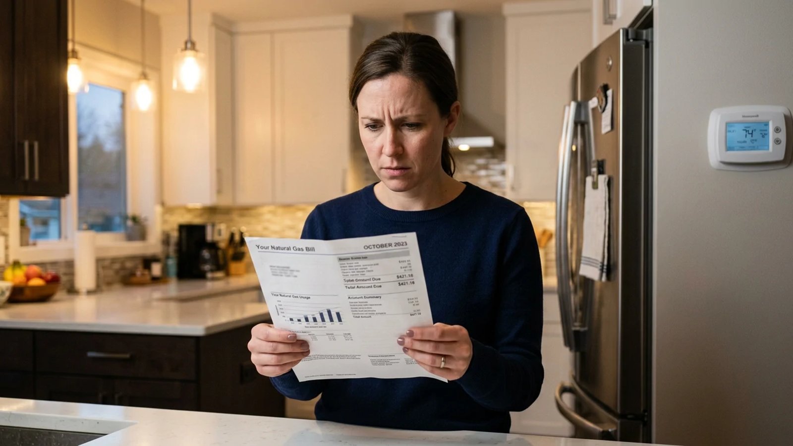 Homeowner looking at a high electric bill in their kitchen