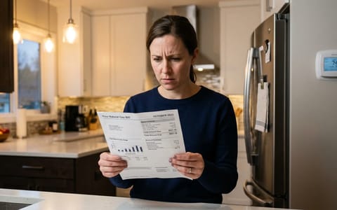 Homeowner looking at a high electric bill in their kitchen