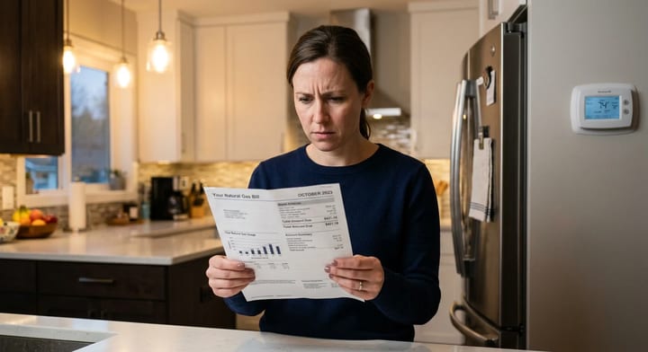 Homeowner looking at a high electric bill in their kitchen