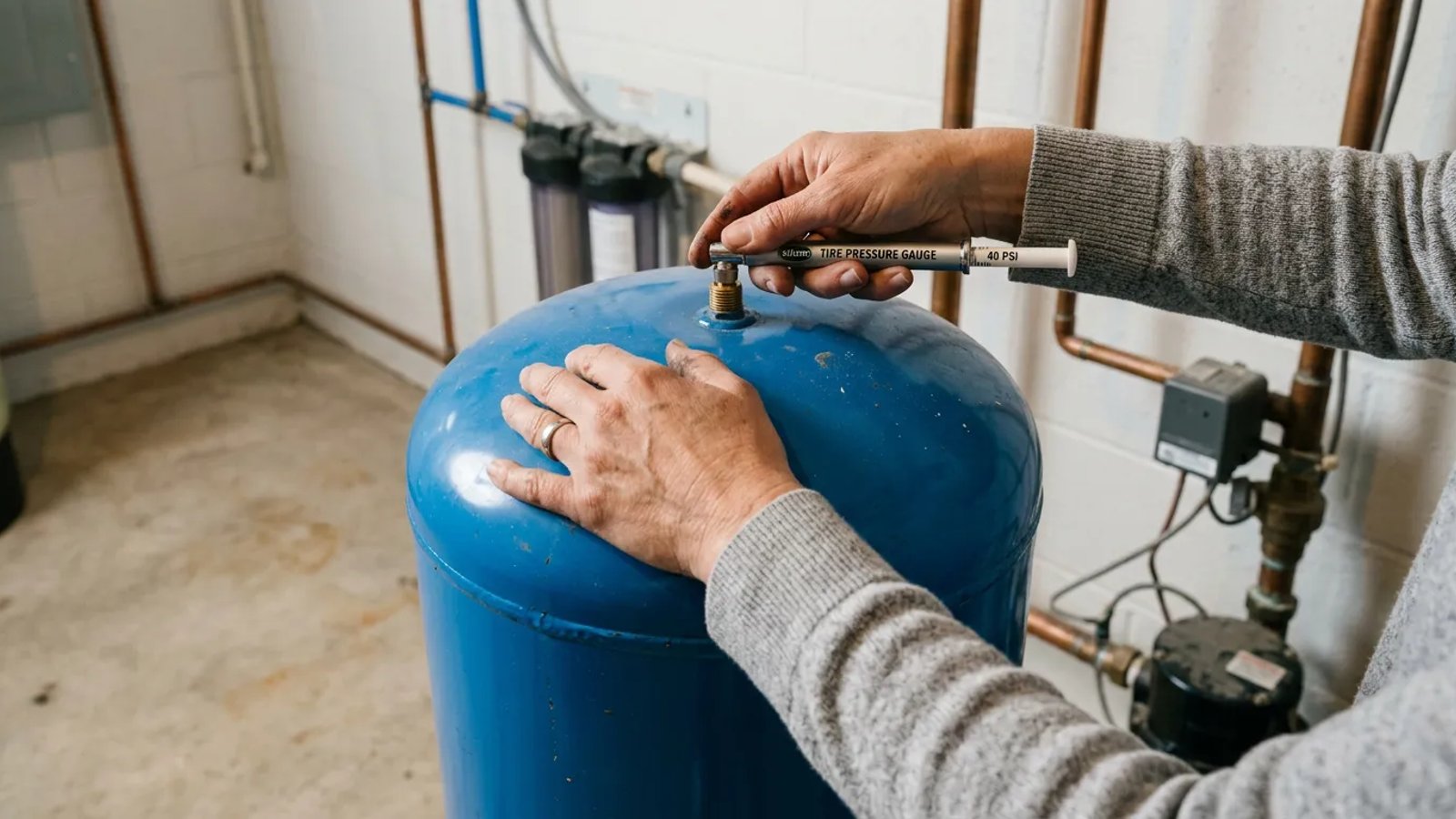 Homeowner checking the air pressure on a blue well water pressure tank using a tire gauge.