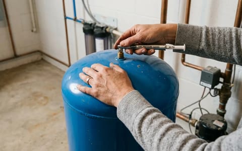 Homeowner checking the air pressure on a blue well water pressure tank using a tire gauge.
