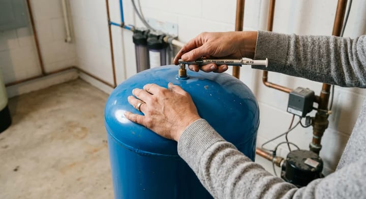 Homeowner checking the air pressure on a blue well water pressure tank using a tire gauge.