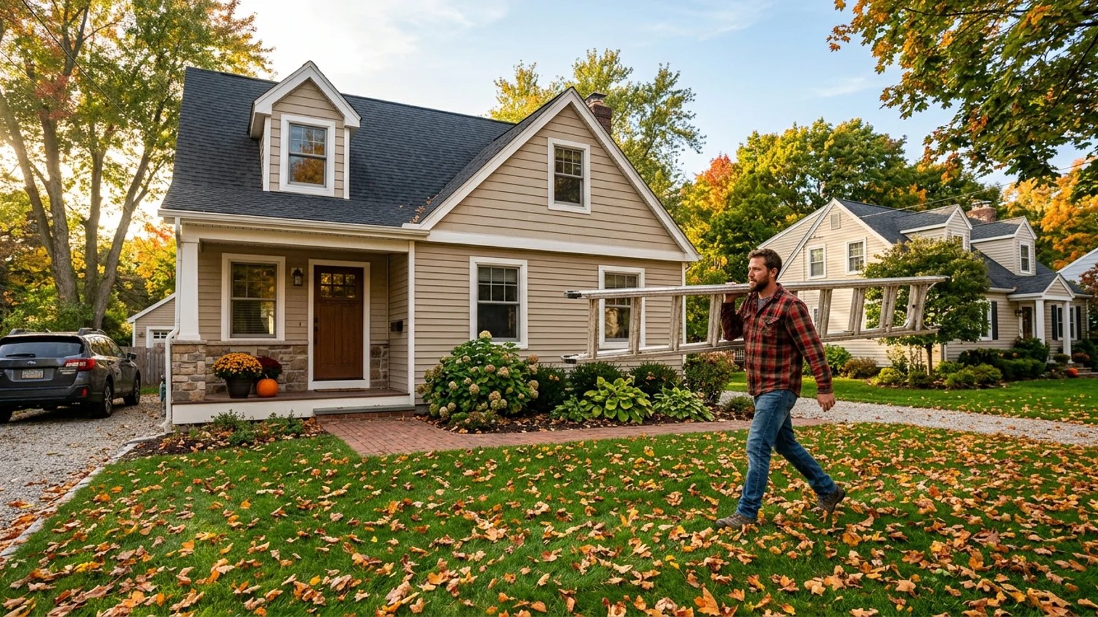 Homeowner carrying a ladder across a lawn covered in fall leaves to prepare for winter