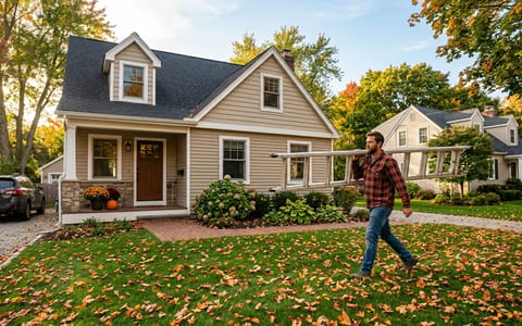 Homeowner carrying a ladder across a lawn covered in fall leaves to prepare for winter