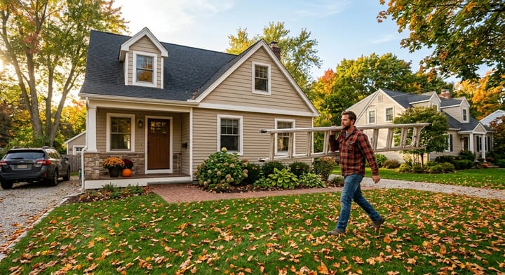 Homeowner carrying a ladder across a lawn covered in fall leaves to prepare for winter