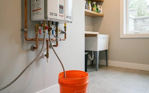 A tankless water heater connected to a 5-gallon bucket with hoses for a vinegar flush.