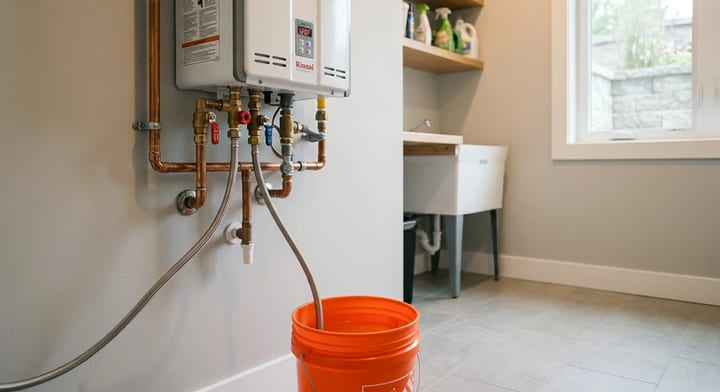 A tankless water heater connected to a 5-gallon bucket with hoses for a vinegar flush.