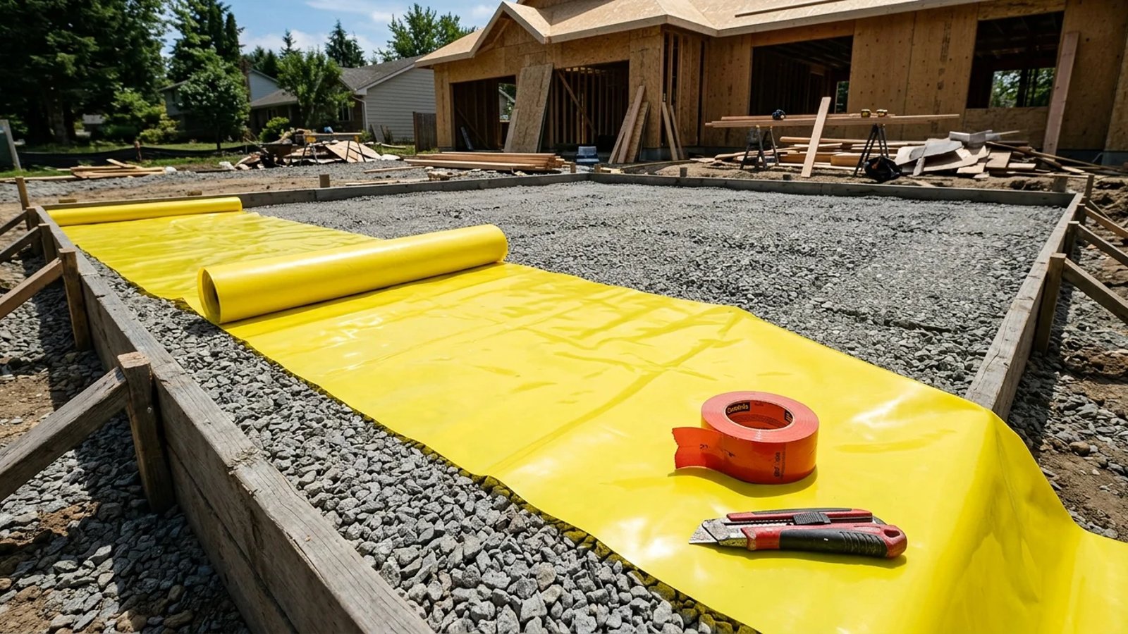 Thick yellow plastic vapor barrier being rolled out over a gravel sub-base before pouring concrete.