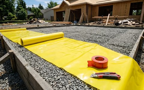 Thick yellow plastic vapor barrier being rolled out over a gravel sub-base before pouring concrete.