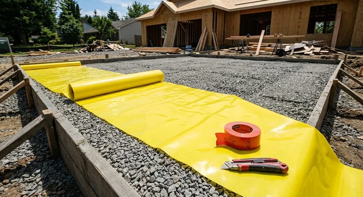 Thick yellow plastic vapor barrier being rolled out over a gravel sub-base before pouring concrete.