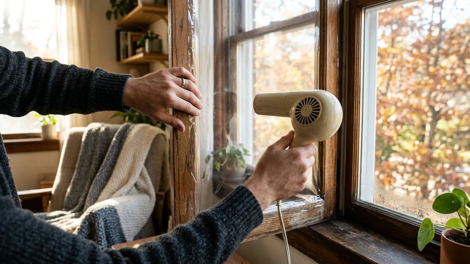 Person using a hairdryer to apply clear window insulation film to a wooden window frame.