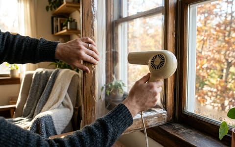 Person using a hairdryer to apply clear window insulation film to a wooden window frame.