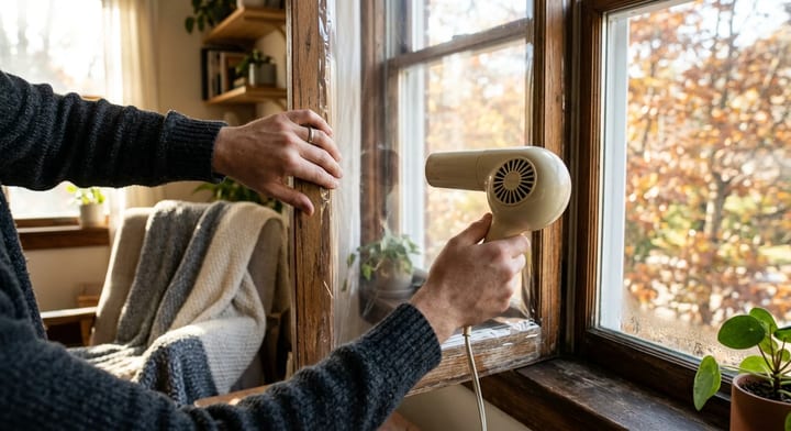 Person using a hairdryer to apply clear window insulation film to a wooden window frame.
