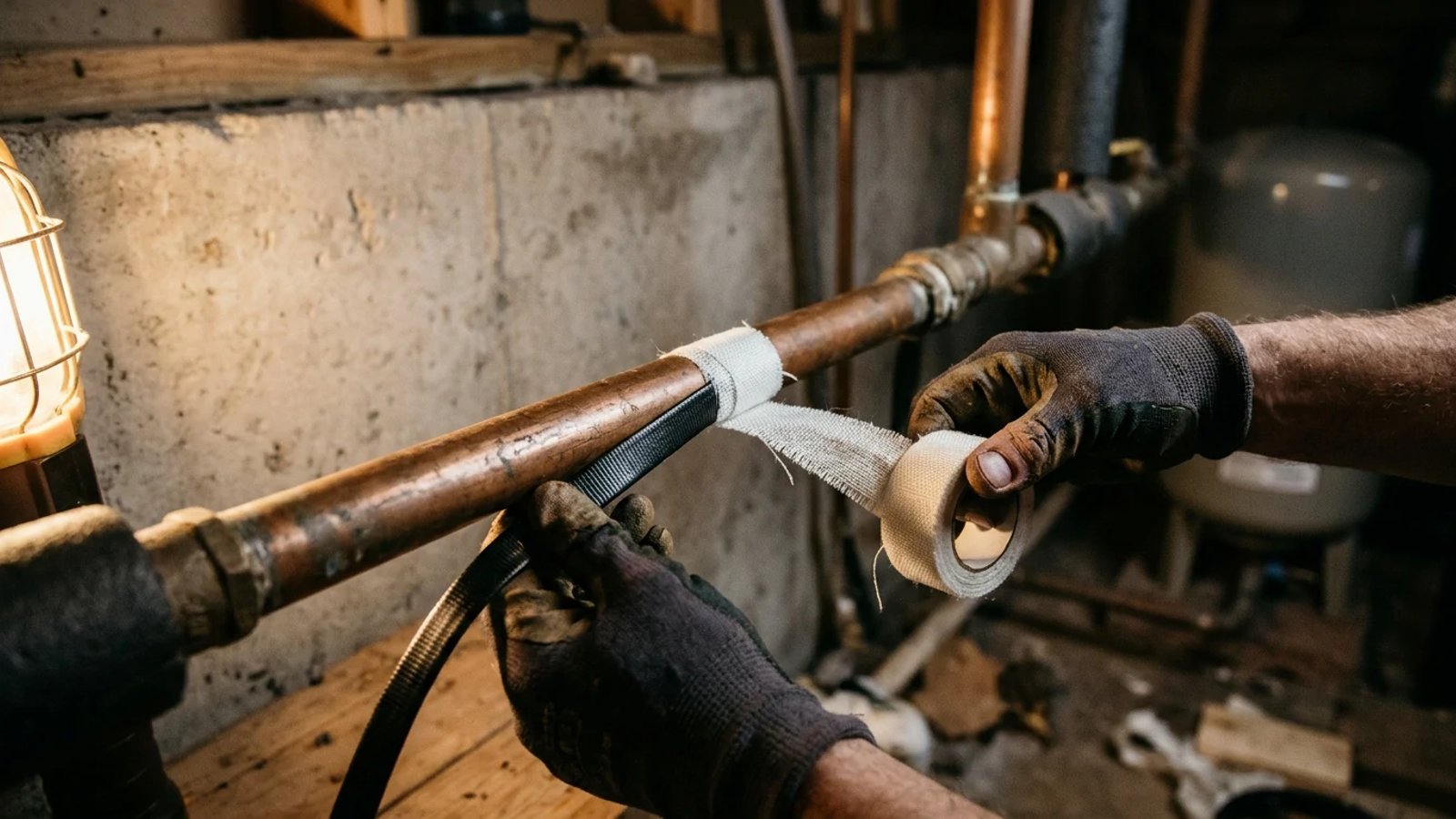 Hands securing heat tape to a copper pipe with fiberglass tape