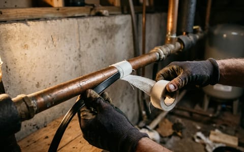 Hands securing heat tape to a copper pipe with fiberglass tape