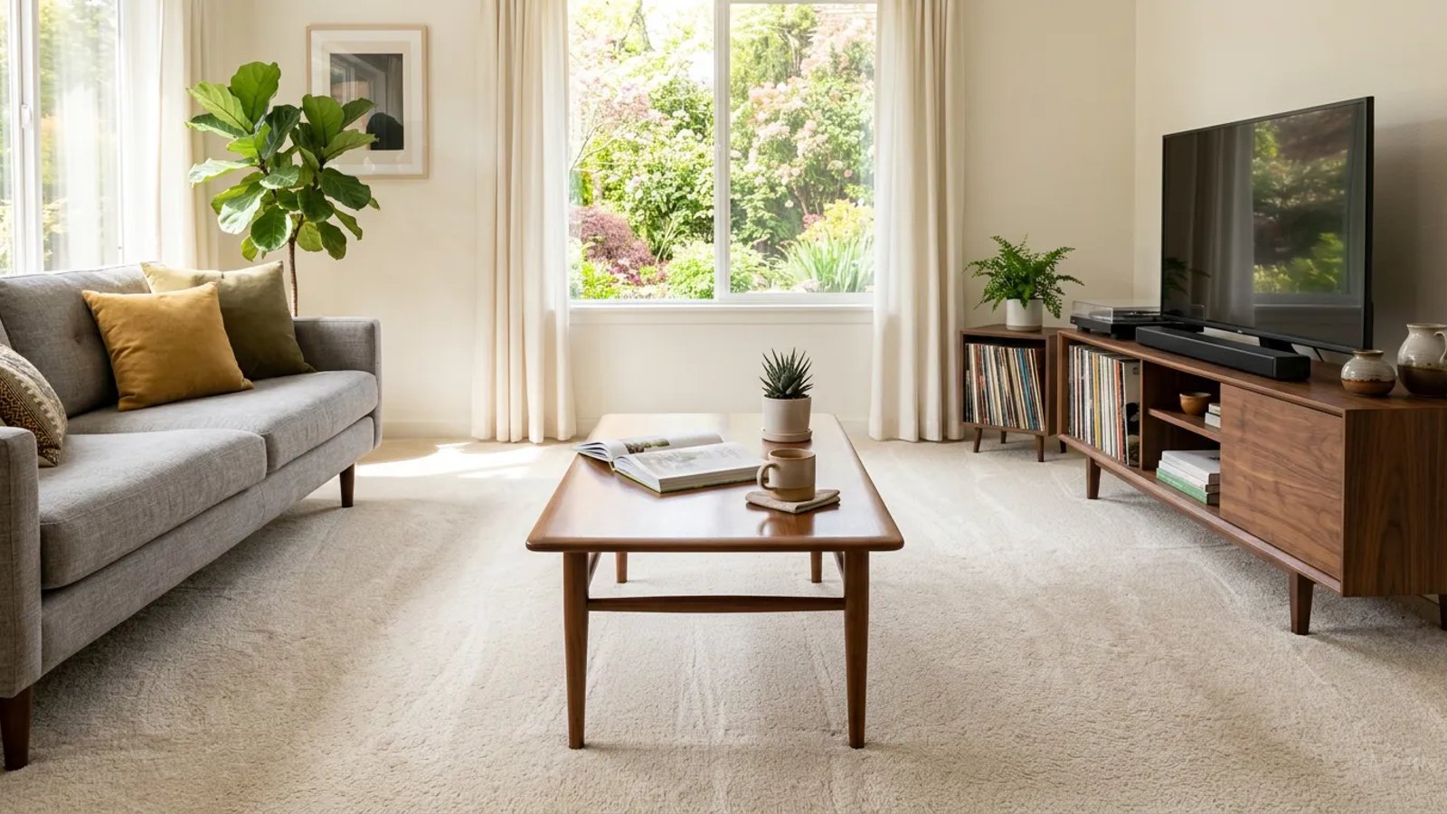 A clean, well-maintained living room with sunlight streaming across a polished wood coffee table and fresh carpet.