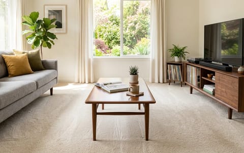 A clean, well-maintained living room with sunlight streaming across a polished wood coffee table and fresh carpet.