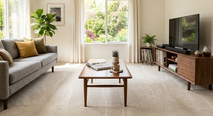 A clean, well-maintained living room with sunlight streaming across a polished wood coffee table and fresh carpet.