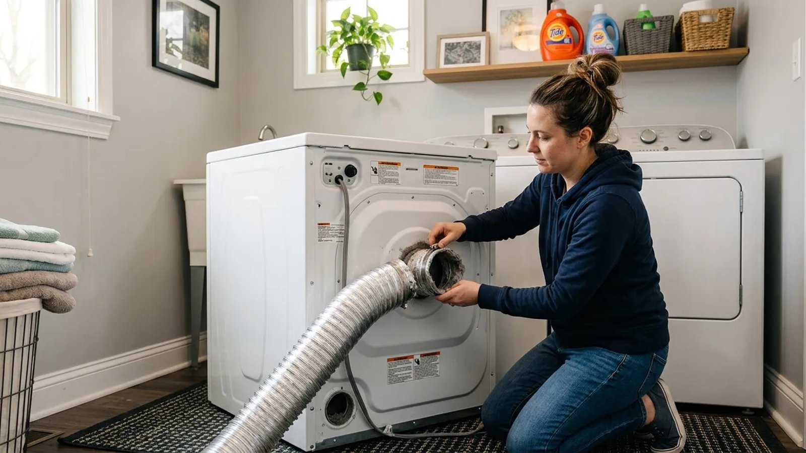 Homeowner disconnecting a metal dryer vent duct from the back of a clothes dryer