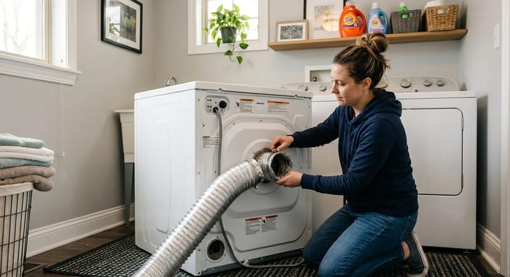 Homeowner disconnecting a metal dryer vent duct from the back of a clothes dryer