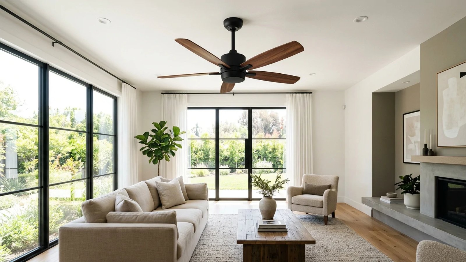 A modern 52-inch ceiling fan installed in a bright, spacious living room.