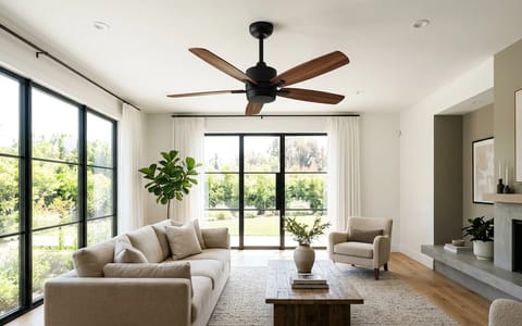 A modern 52-inch ceiling fan installed in a bright, spacious living room.