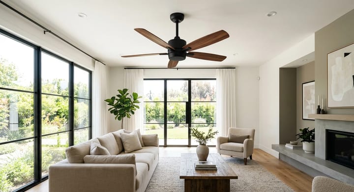 A modern 52-inch ceiling fan installed in a bright, spacious living room.