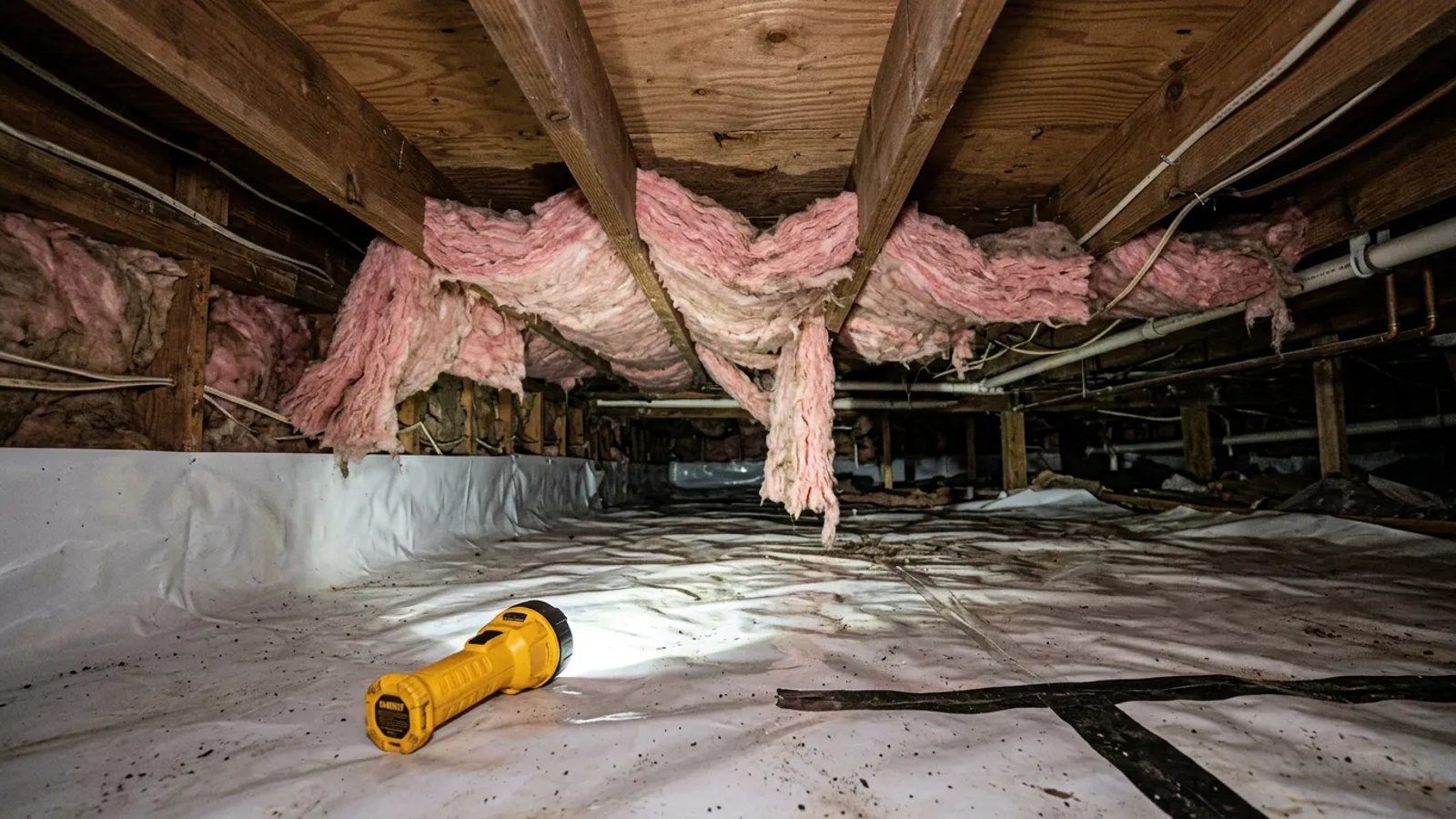 Pink fiberglass insulation sagging downward from between wooden joists in a clean crawl space.