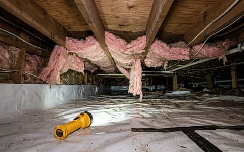 Pink fiberglass insulation sagging downward from between wooden joists in a clean crawl space.