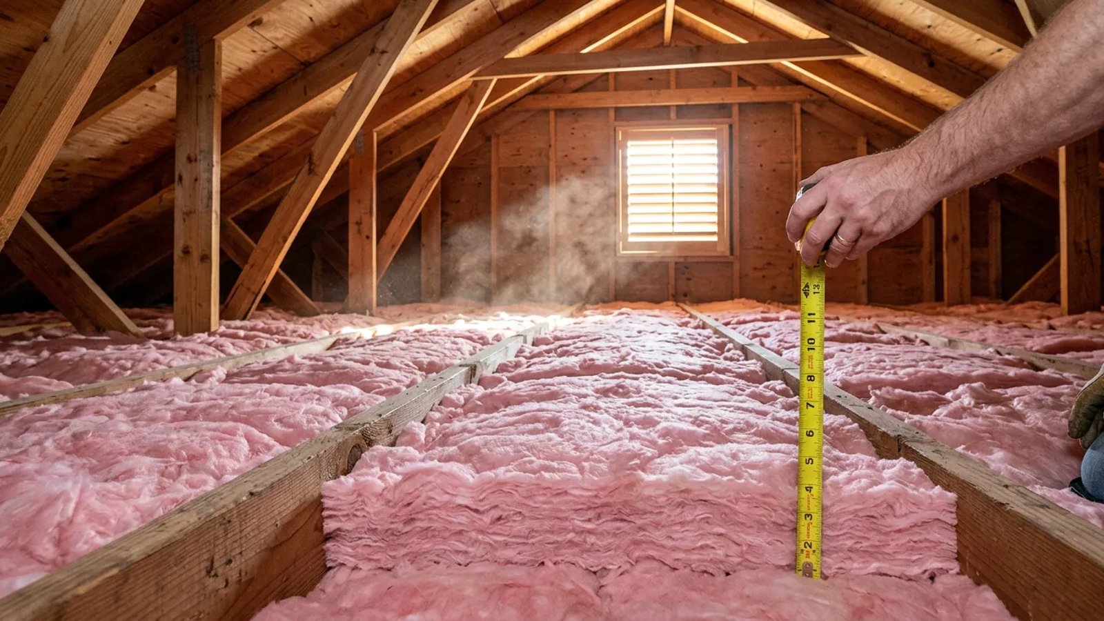 Measuring thick pink fiberglass insulation between attic floor joists with a yellow tape measure.