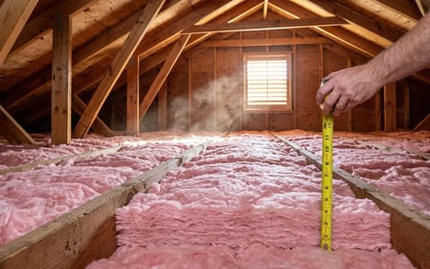 Measuring thick pink fiberglass insulation between attic floor joists with a yellow tape measure.