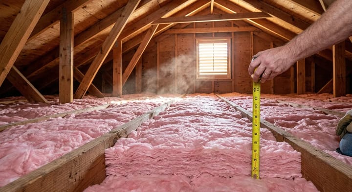 Measuring thick pink fiberglass insulation between attic floor joists with a yellow tape measure.