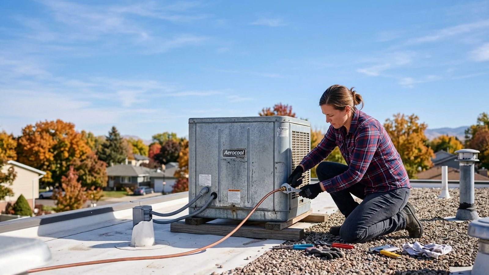Disconnecting the water supply line on a roof-mounted swamp cooler for winterization