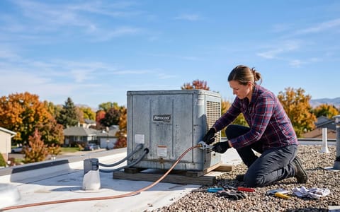 Disconnecting the water supply line on a roof-mounted swamp cooler for winterization