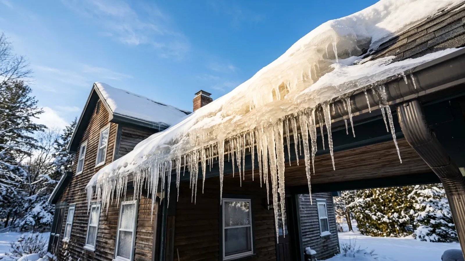 Thick ice dam and icicles forming on the edge of a snow-covered roof