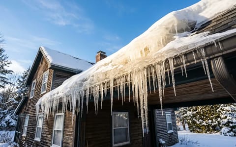 Thick ice dam and icicles forming on the edge of a snow-covered roof