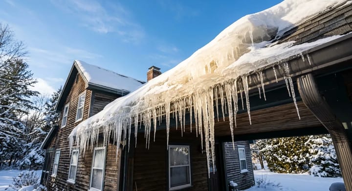 Thick ice dam and icicles forming on the edge of a snow-covered roof
