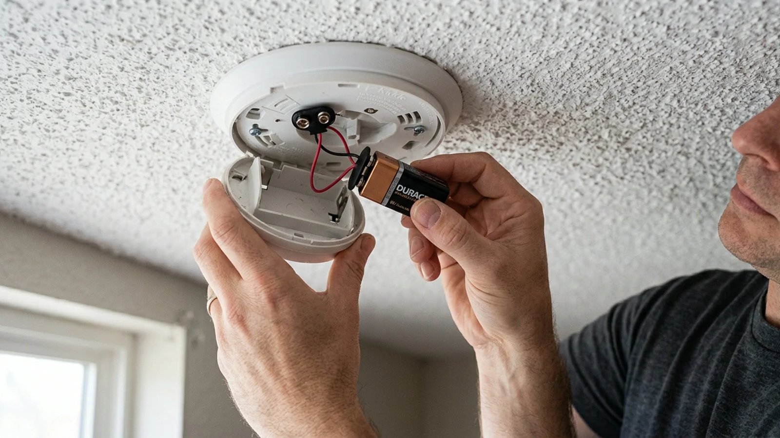 Homeowner changing the battery in a ceiling-mounted smoke detector