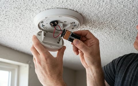 Homeowner changing the battery in a ceiling-mounted smoke detector