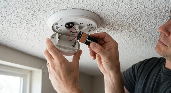 Homeowner changing the battery in a ceiling-mounted smoke detector