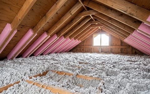 Properly insulated attic floor with foam baffles installed between roof rafters