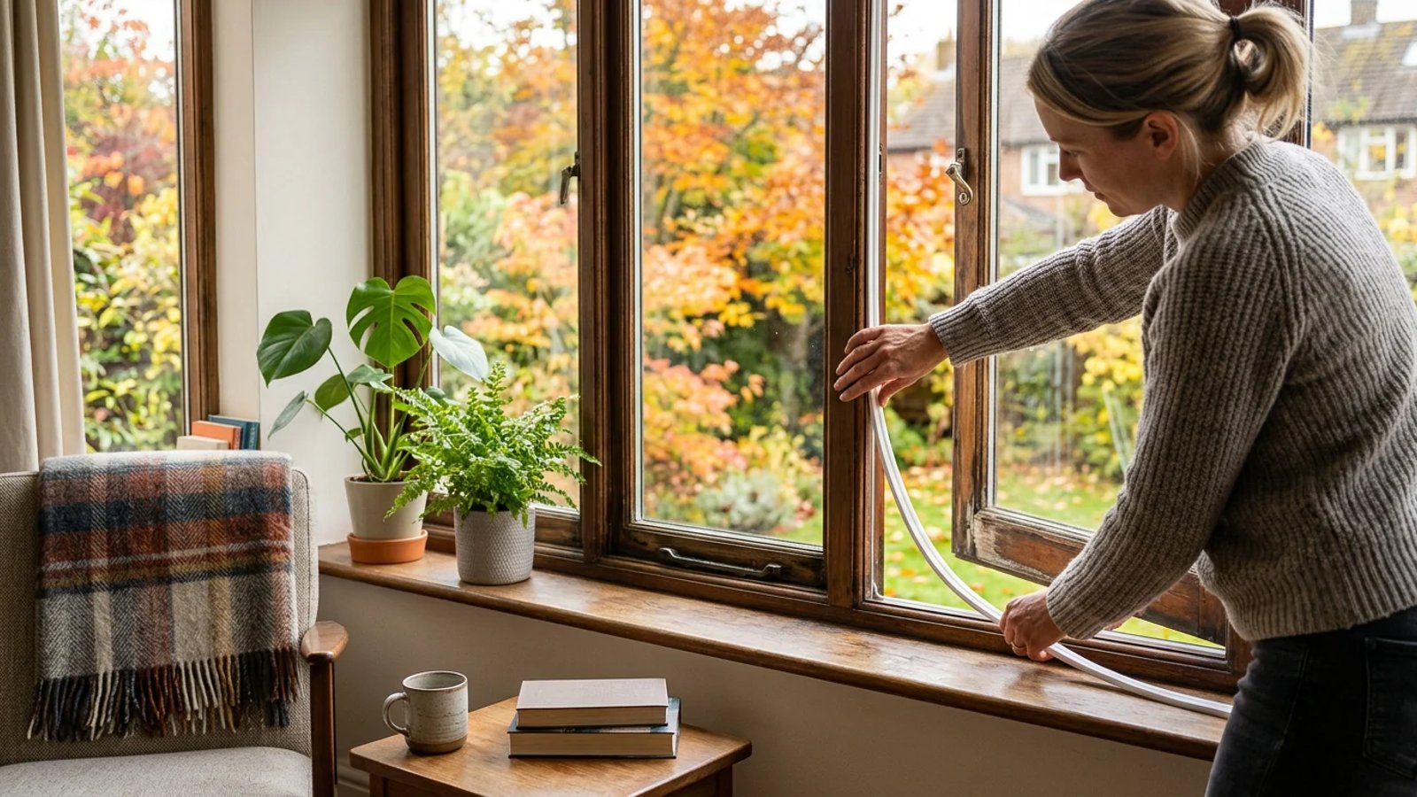 Homeowner applying weatherstripping to a window frame to prevent spiders from entering