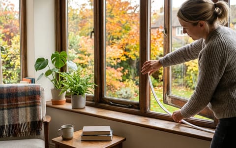 Homeowner applying weatherstripping to a window frame to prevent spiders from entering