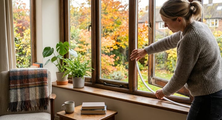 Homeowner applying weatherstripping to a window frame to prevent spiders from entering