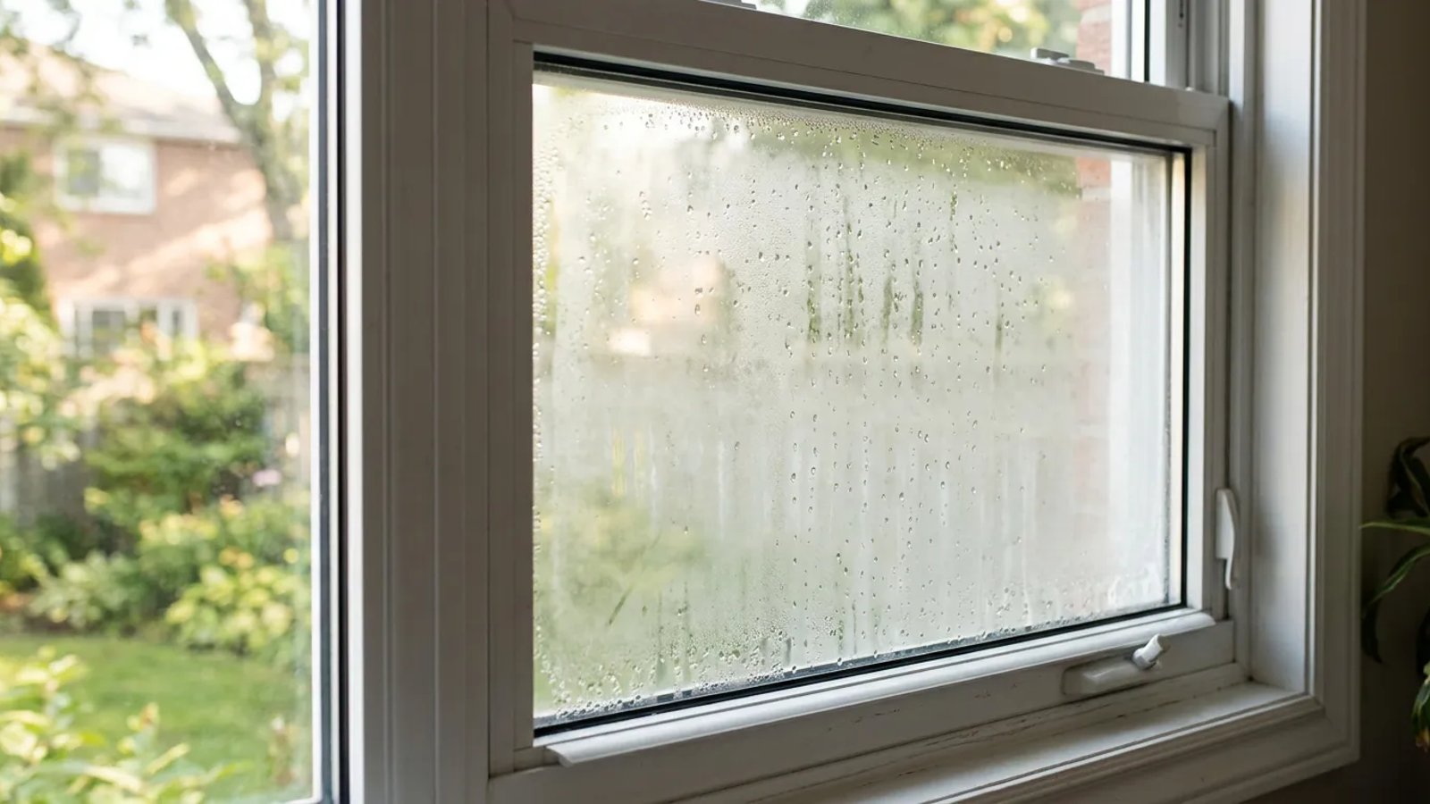 A double-pane window showing milky condensation trapped between the glass layers.