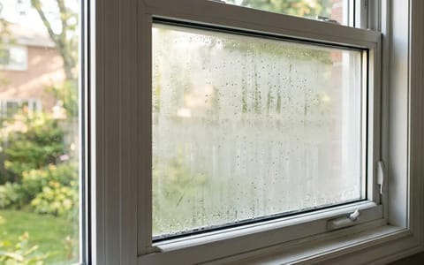 A double-pane window showing milky condensation trapped between the glass layers.