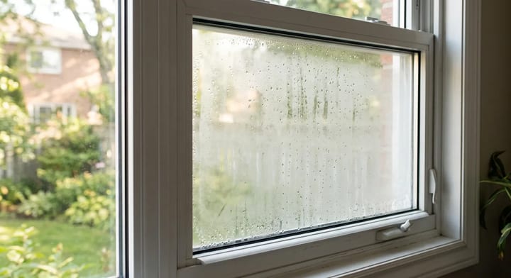 A double-pane window showing milky condensation trapped between the glass layers.