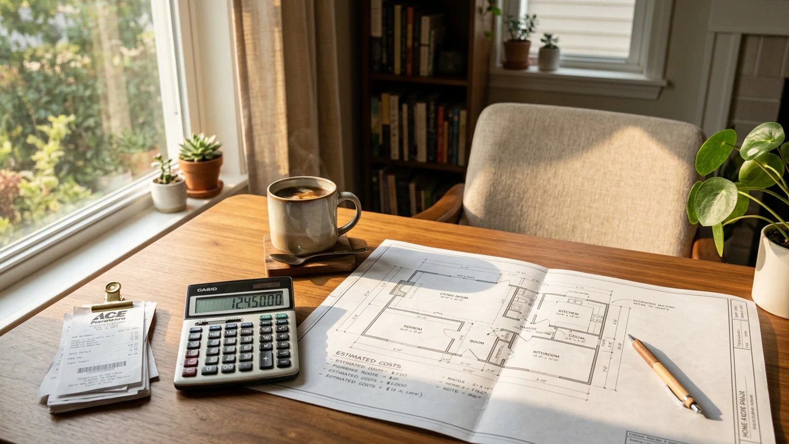 Homeowner calculating their annual home maintenance budget at a desk