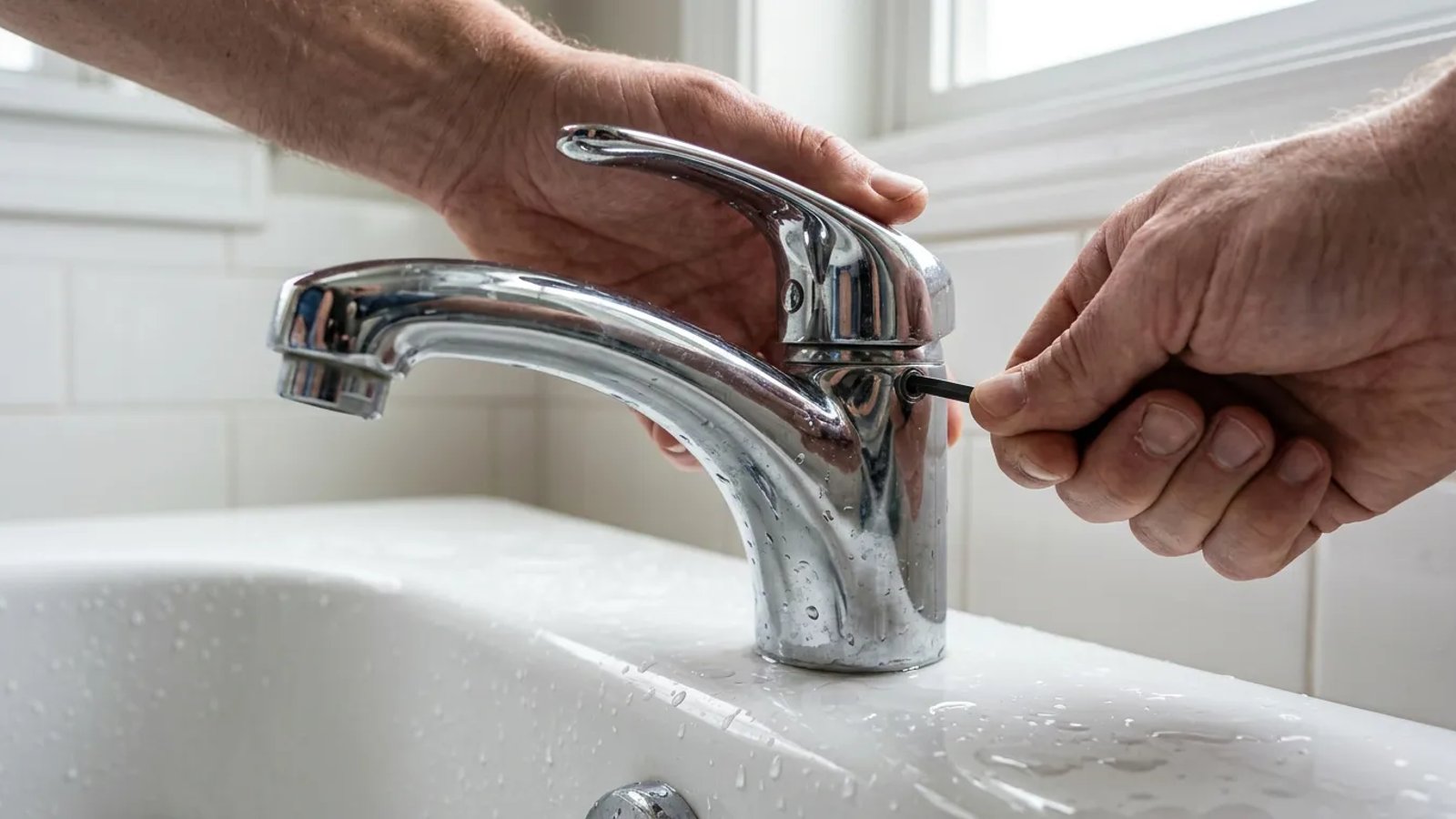 Hands using an Allen wrench to remove a bathtub faucet handle
